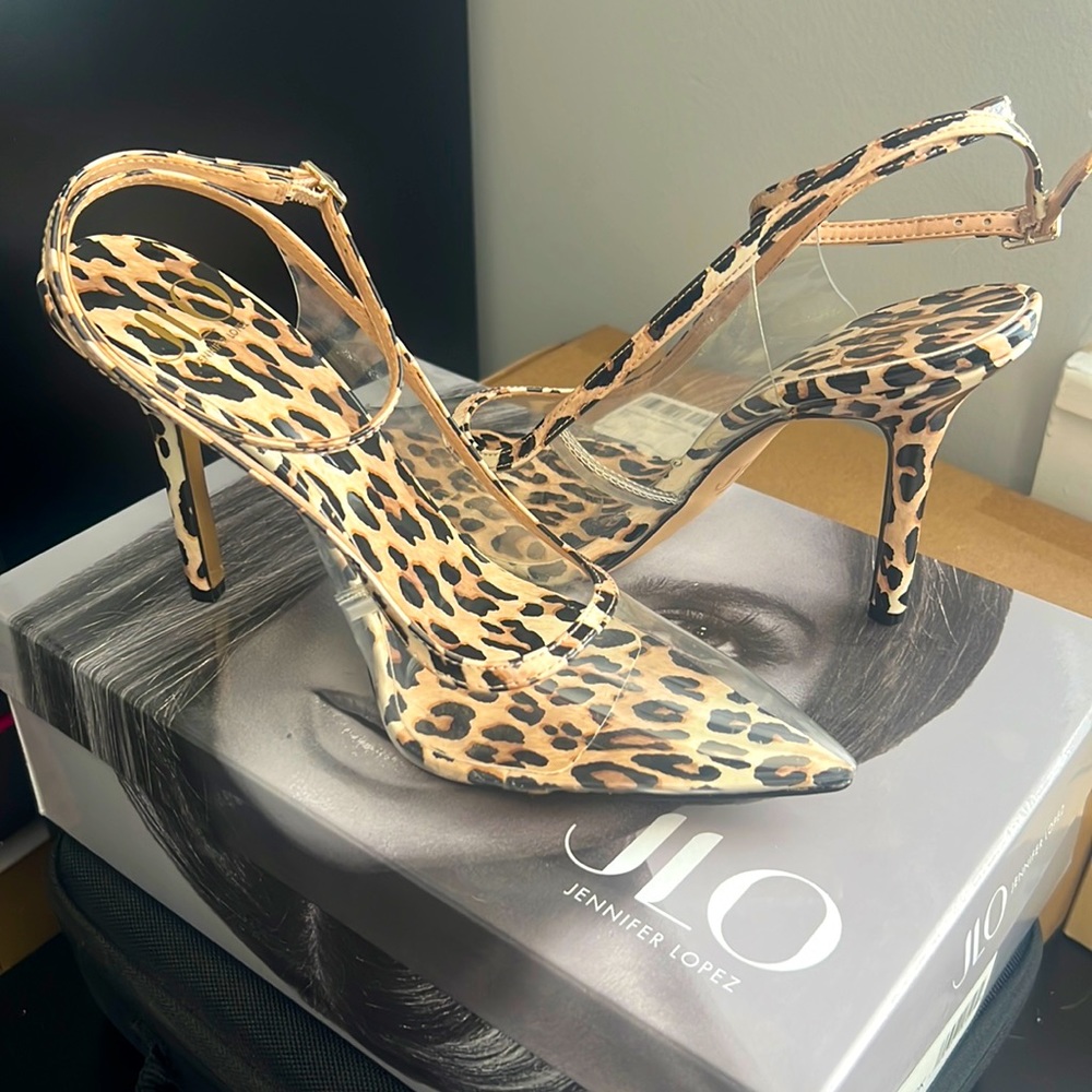 JLo Parlata clear and leopard strappy pumps